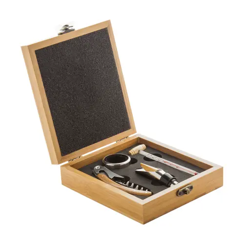 Set vino in confezione di legno bambù con 4 accessori
