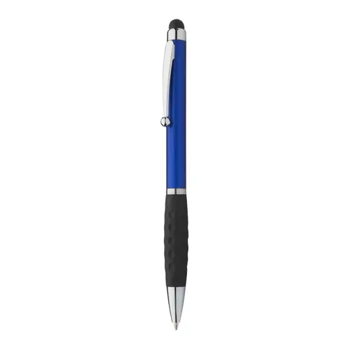 Penna a sfera in plastica disponibile in vari colori e impugnatura gommata e punta touch con meccanismo a rotazione e refill blu