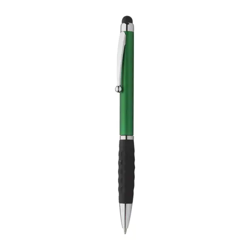 Penna a sfera in plastica disponibile in vari colori e impugnatura gommata e punta touch con meccanismo a rotazione e refill blu
