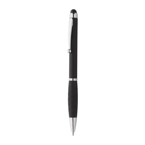 Penna a sfera in plastica disponibile in vari colori e impugnatura gommata e punta touch con meccanismo a rotazione e refill blu