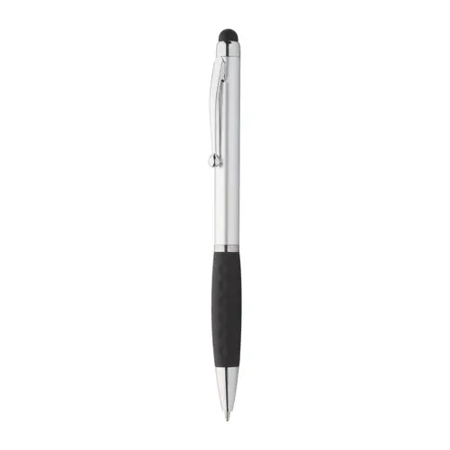 Penna a sfera in plastica disponibile in vari colori e impugnatura gommata e punta touch con meccanismo a rotazione e refill blu