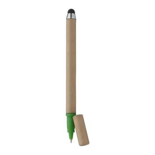 Penna roller in carta riciclata con cappuccio e puntale colorato di verde e punta touch a refill blu