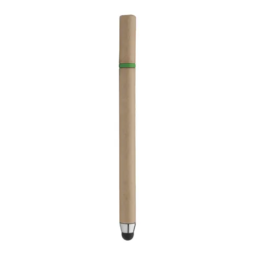 Penna roller in carta riciclata con cappuccio e puntale colorato di verde e punta touch a refill blu