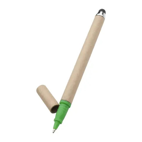 Penna roller in carta riciclata con cappuccio e puntale colorato di verde e punta touch a refill blu