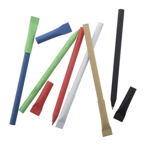 Penna in carta riciclata disponibile in vari colori con cappuccio e refill blu