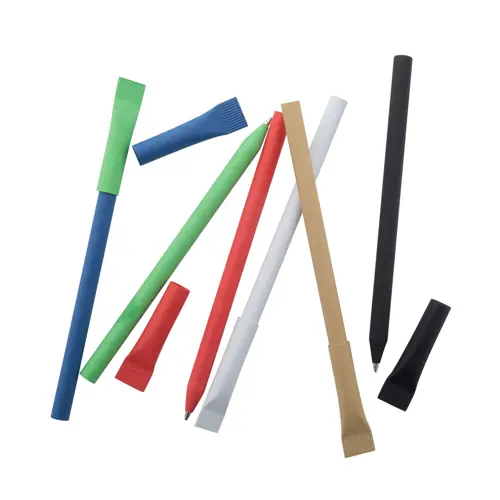 Penna in carta riciclata disponibile in vari colori con cappuccio e refill blu