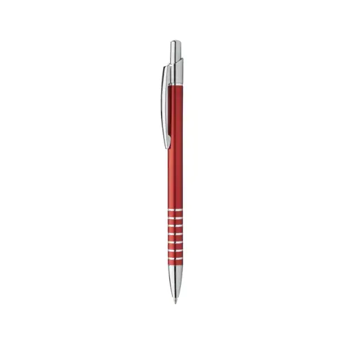 Penna a sfera in alluminio in colori assortiti e decorazione incisa ad anelli con meccanismo a scatto e refill blu
