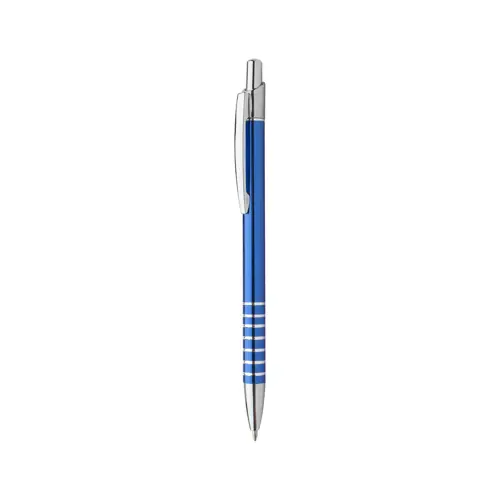 Penna a sfera in alluminio in colori assortiti e decorazione incisa ad anelli con meccanismo a scatto e refill blu
