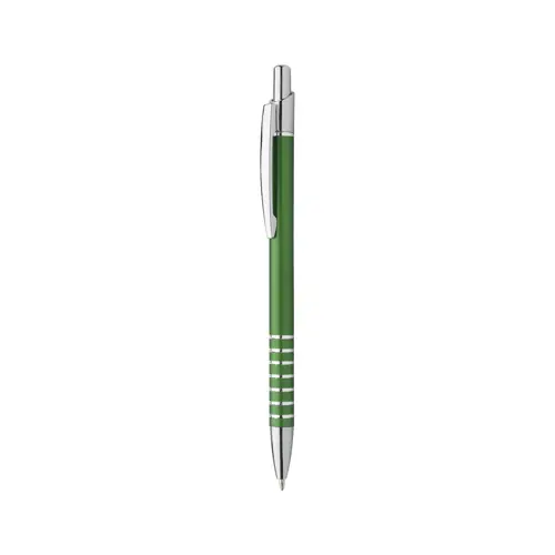 Penna a sfera in alluminio in colori assortiti e decorazione incisa ad anelli con meccanismo a scatto e refill blu