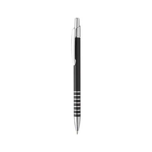 Penna a sfera in alluminio in colori assortiti e decorazione incisa ad anelli con meccanismo a scatto e refill blu
