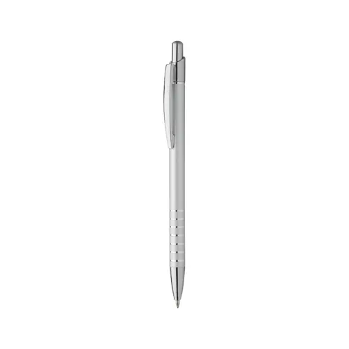 Penna a sfera in alluminio in colori assortiti e decorazione incisa ad anelli con meccanismo a scatto e refill blu