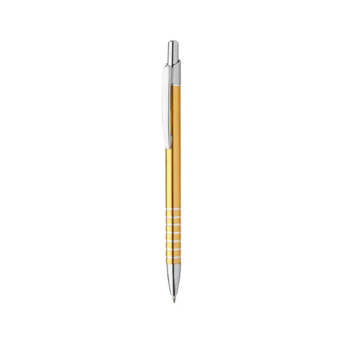 Penna a sfera in alluminio in colori assortiti e decorazione incisa ad anelli con meccanismo a scatto e refill blu