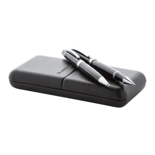 Set di penne a sfera e roller in metallo con finitura cromate lucide in confezione regalo in pelle PU e refill blu