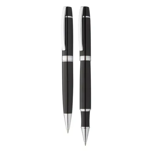 Set di penne a sfera e roller in metallo con finitura cromate lucide in confezione regalo in pelle PU e refill blu
