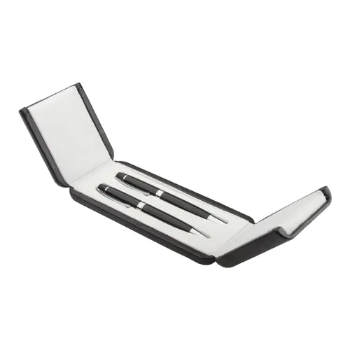 Set di penne a sfera e roller in metallo con finitura cromate lucide in confezione regalo in pelle PU e refill blu