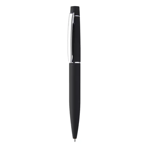 Penna a sfera in metallo e finitura gommata colorata con meccanismo a rotazione e refill blu