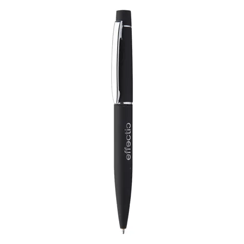 Penna a sfera in metallo e finitura gommata colorata con meccanismo a rotazione e refill blu
