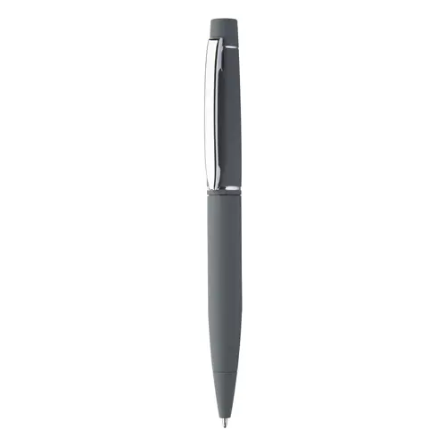 Penna a sfera in metallo e finitura gommata colorata con meccanismo a rotazione e refill blu