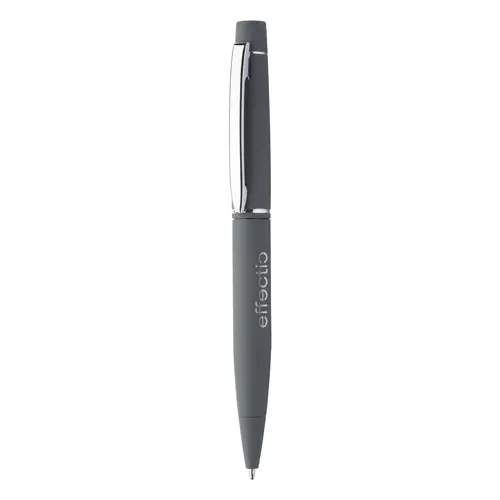 Penna a sfera in metallo e finitura gommata colorata con meccanismo a rotazione e refill blu