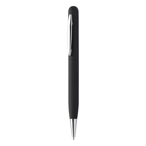 Penna a sfera in metallo con finitura gommata colorata e meccanismo a rotazione e refill blu