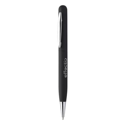 Penna a sfera in metallo con finitura gommata colorata e meccanismo a rotazione e refill blu