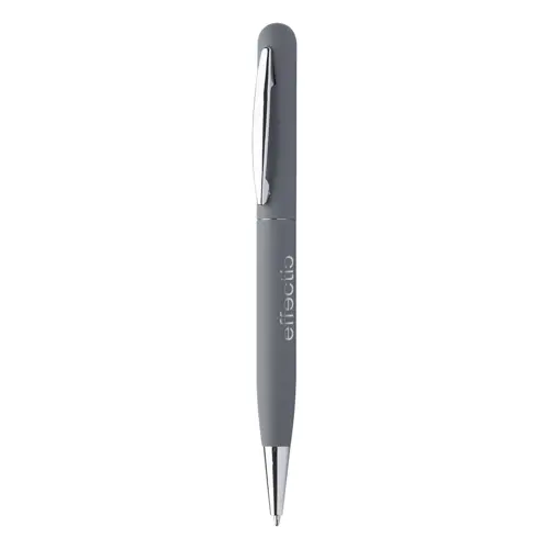 Penna a sfera in metallo con finitura gommata colorata e meccanismo a rotazione e refill blu
