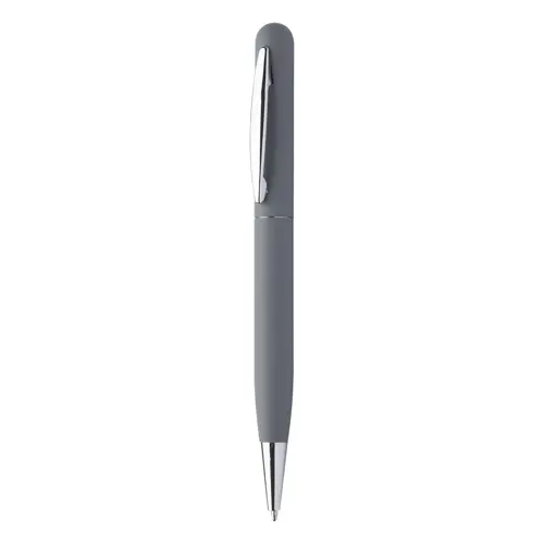 Penna a sfera in metallo con finitura gommata colorata e meccanismo a rotazione e refill blu
