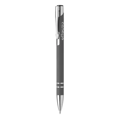 Penna a sfera in alluminio con finitura gommata speciale per incisione con meccanismo a scatto e refill blu