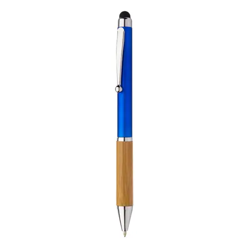 Penna a sfera in plastica con finitura metallizzata e impugnatura in bambù con punta touch e refill blu