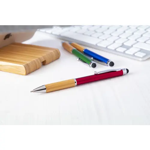 Penna a sfera in plastica con finitura metallizzata e impugnatura in bambù con punta touch e refill blu