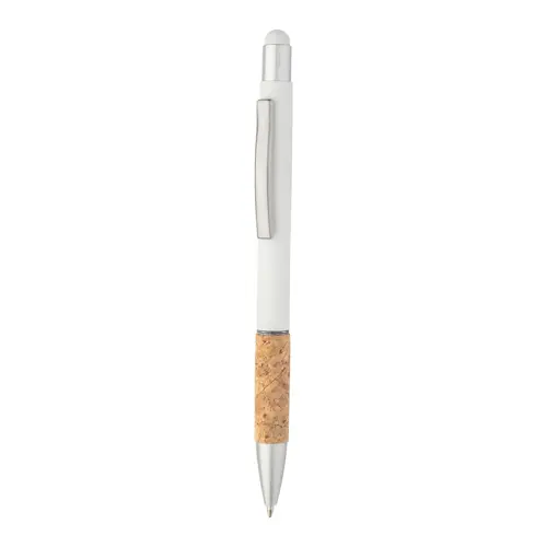 Penna a sfera in alluminio con finitura opaca colorata e impugnatura in sughero con punta touch e refill blu