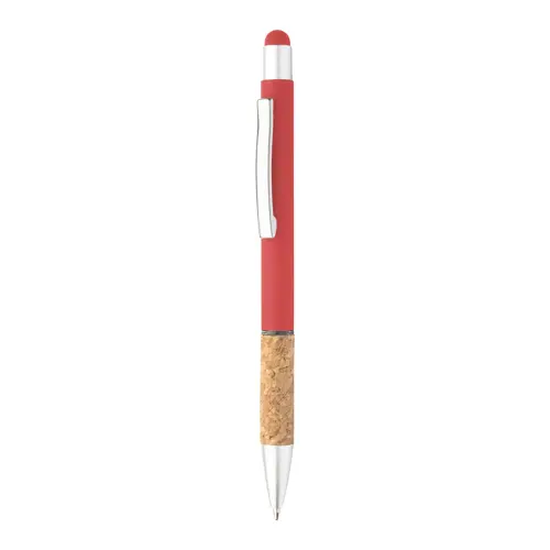 Penna a sfera in alluminio con finitura opaca colorata e impugnatura in sughero con punta touch e refill blu