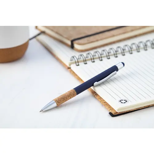 Penna a sfera in alluminio con finitura opaca colorata e impugnatura in sughero con punta touch e refill blu