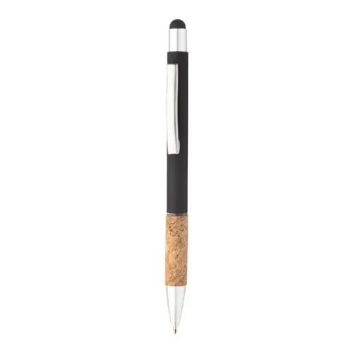Penna a sfera in alluminio con finitura opaca colorata e impugnatura in sughero con punta touch e refill blu