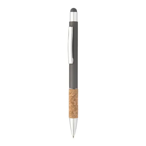 Penna a sfera in alluminio con finitura opaca colorata e impugnatura in sughero con punta touch e refill blu