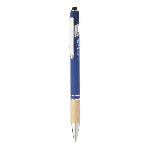 Penna a sfera in alluminio con impugnatura in bambù e finitura gommata colorata e punta touch e con meccanismo a scatto e refill blu