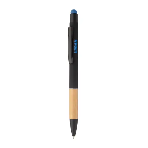 Penna a sfera in alluminio con finitura gommata e impugnatura in bambù e punta touch con refill blu
