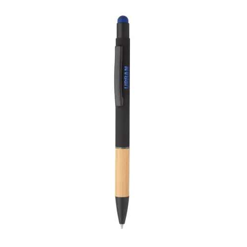 Penna a sfera in alluminio con finitura gommata e impugnatura in bambù e punta touch con refill blu