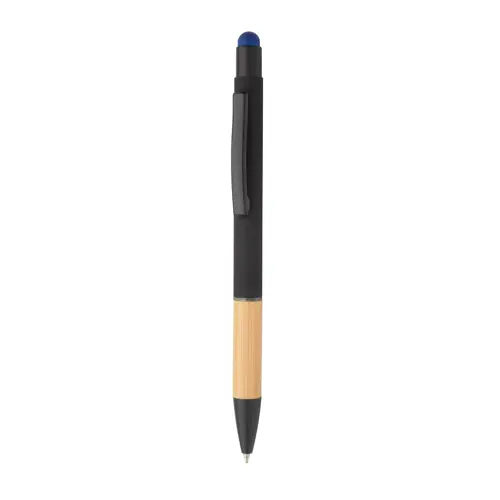 Penna a sfera in alluminio con finitura gommata e impugnatura in bambù e punta touch con refill blu