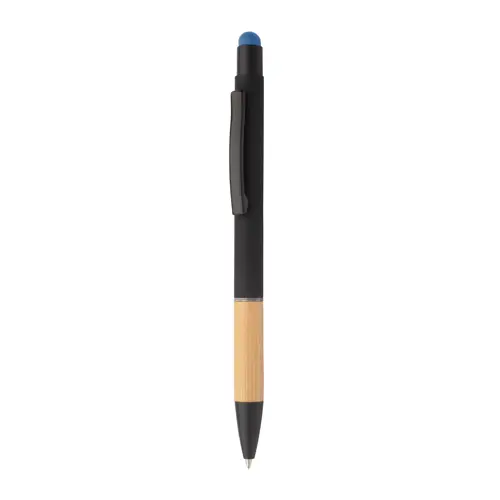 Penna a sfera in alluminio con finitura gommata e impugnatura in bambù e punta touch con refill blu