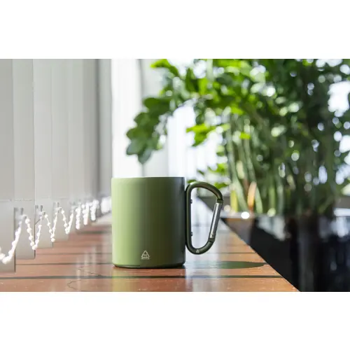 Tazza termica a doppia parete in acciaio inox riciclato con manico a moschettone da 300ml