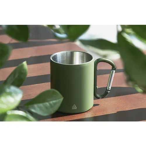 Tazza termica a doppia parete in acciaio inox riciclato con manico a moschettone da 300ml