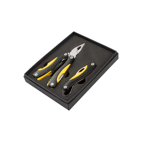 Set pinza con 8 funzioni e coltello tascabile in scatola di confezione nera 138×180×27 mm