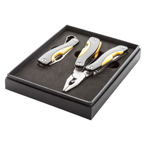 Set pinza con 8 funzioni e coltello tascabile in scatola di confezione nera 138×180×27 mm