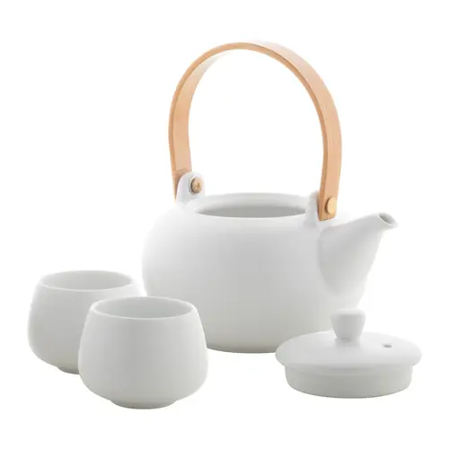 Set da tè in ceramica e teiera con manico bambù