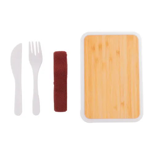 Porta pranzo in plastica PP riciclata e bambù con set posate e fascia elastica da 500ml