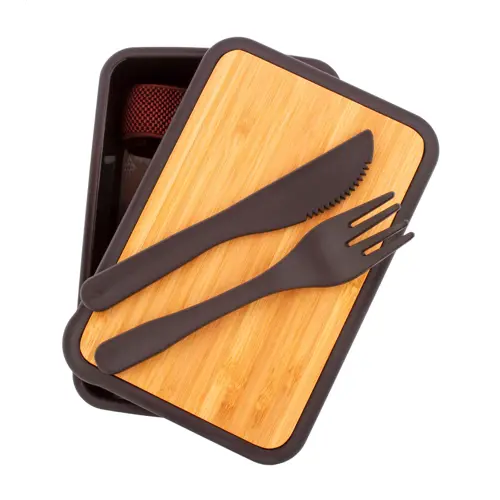 Porta pranzo in plastica PP riciclata e bambù con set posate e fascia elastica da 500ml