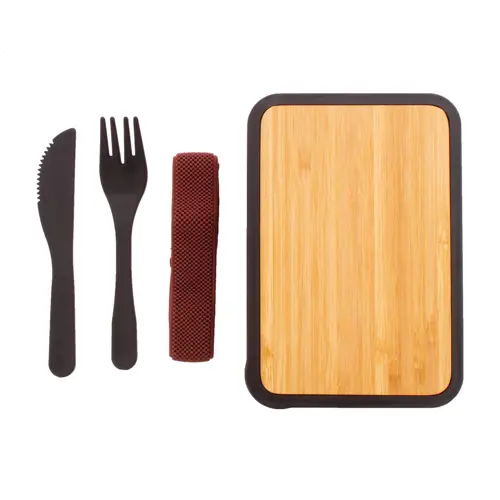 Porta pranzo in plastica PP riciclata e bambù con set posate e fascia elastica da 500ml