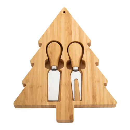 Set natalizio composto da tagliere a forma di albero e due coltelli per formaggio
