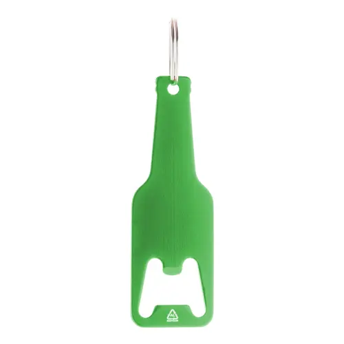 Portachiavi con apribottiglie in alluminio riciclato a forma di bottiglia